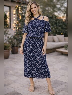 Michael Kors Navy Blue Floral A-Line Blouse & Skirt size M/L